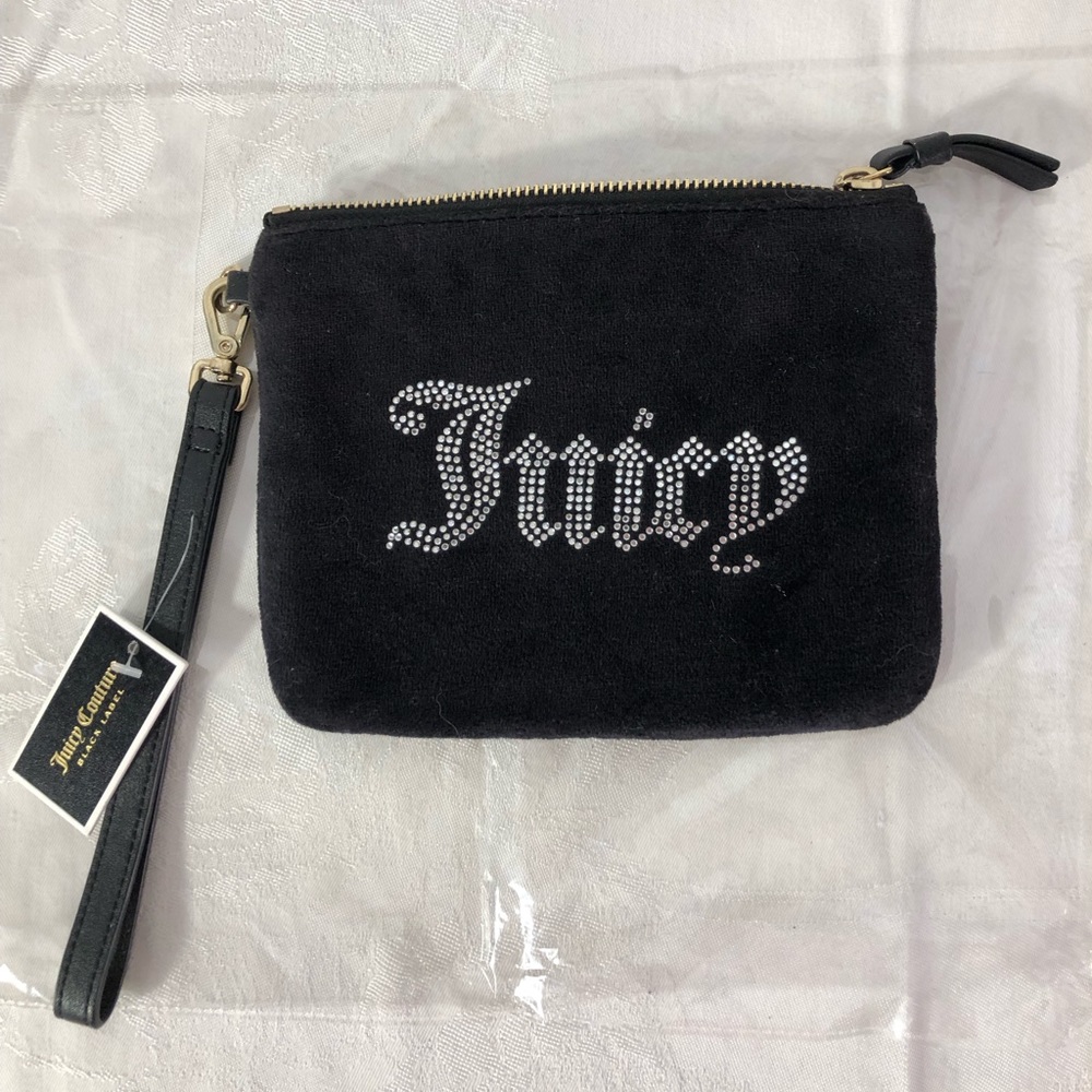 LUXURY Velvet Rhinestone Designer Black Label Juicy Couture Wristlet Clutch MINT